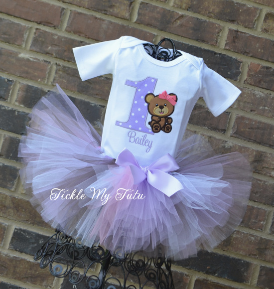 Teddy Bear Birthday Tutu Outfit (Pink, Lilac, and Brown)